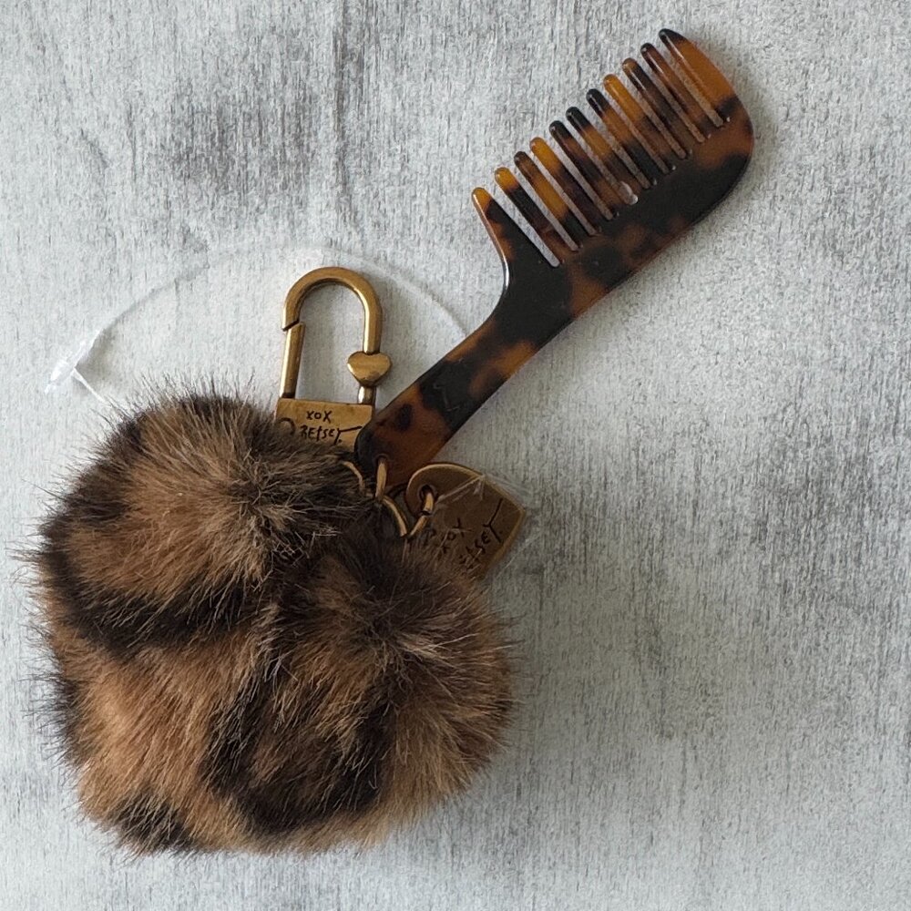 Betsey Johnson Puff Faux Fur Heart Charm Brown with Comb and Heart